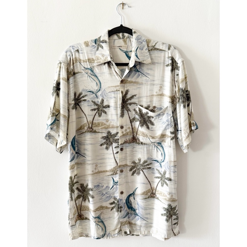Vintage Rayon Moda Campia Moda Marlin Fish Island Tropical Hawaiian Shirt Small